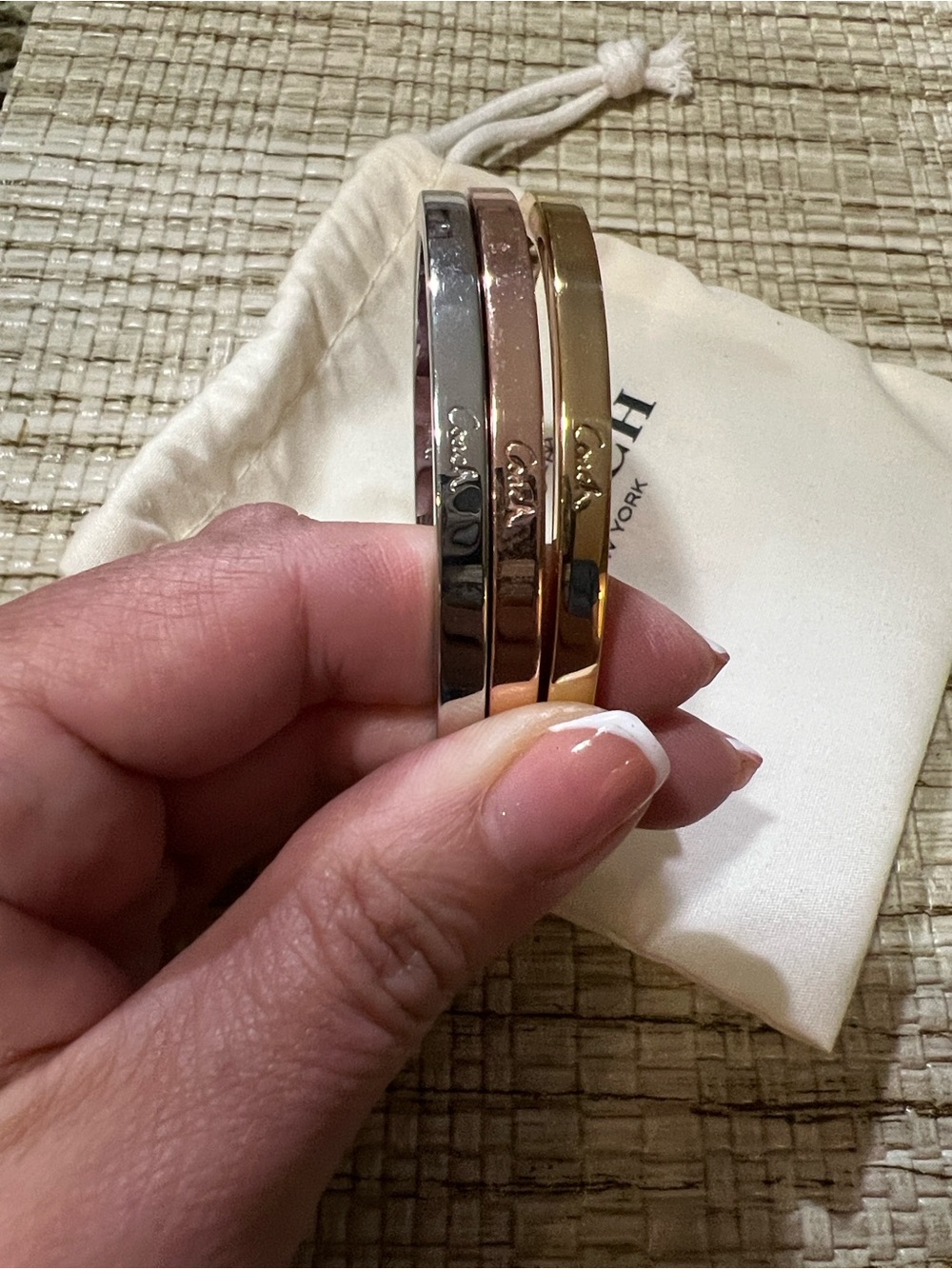 Coach Tri-Color Metal Bangle Set - Silver, Rose Gold & Gold